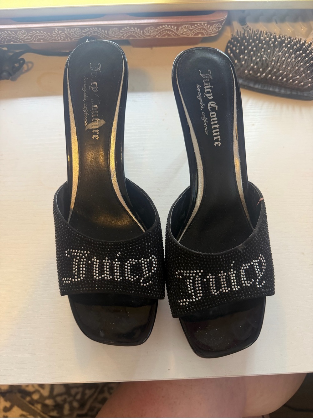 Juicy Couture Black Rhinestone Logo Slide Mules